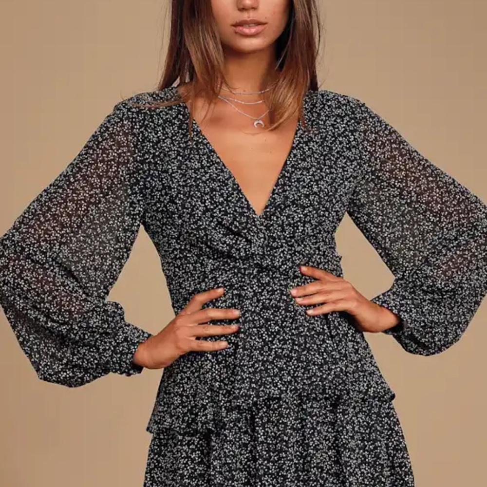 Lulus Black Floral Long Sleeve Mini Dress Size M | Wedding Guest